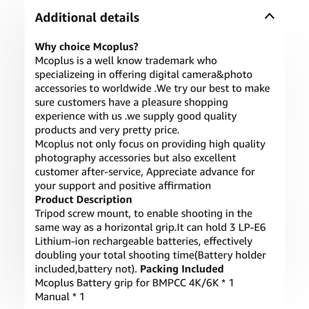 Mcoplus Battery Grip 4 Blackmagic Pocket Cinema Camera bmpcc 4K 6K CameraPocket - Picture 9 of 16